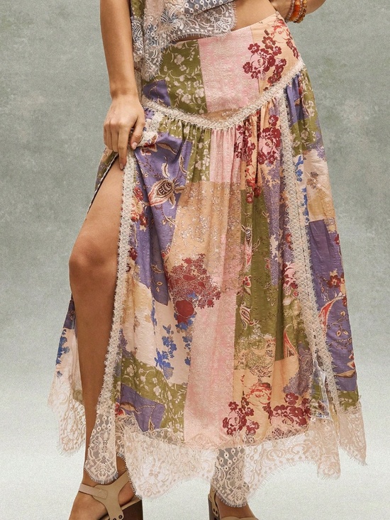 Dresses & Skirts - Boho Floral Print Stretchy Waist split Thigh Lace Maxi Skirt